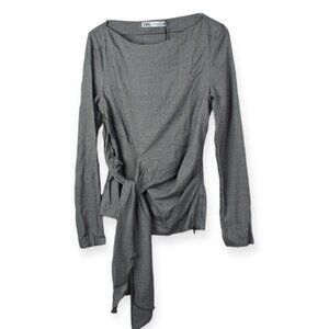 Zara Blouse XS Womens Houndstooth Printed Long Sleeve Tie Front Side Zipper